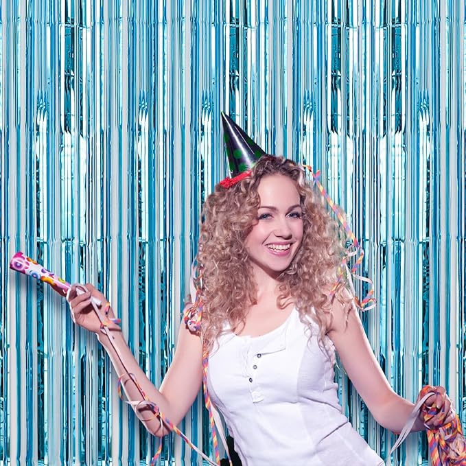 2 Pack 3.3x8.2 Feet Light Blue Foil Fringe Backdrop Curtains, Tinsel Streamers - Image 7