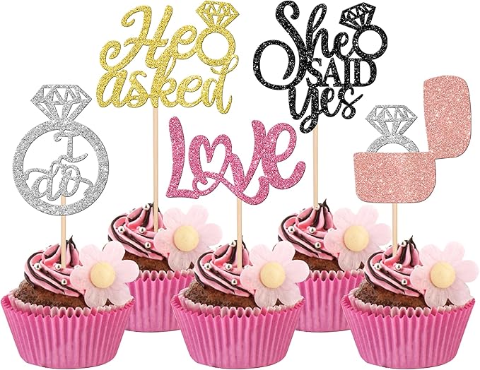 30 PCS He Asked She Said Yes Cupcake Toppers Diamond Ring Cupcake Picks Love I - Image 8