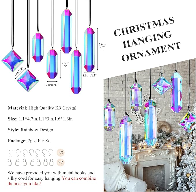 Crystal Prisms Ornament for Christmas Tree, 7 Pack Icicle Ornaments A/B Color - Image 2