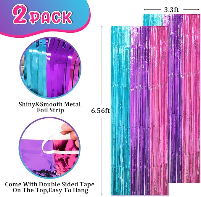 2 Pack Blue Purple Pink Foil Fringe Backdrop Curtains, Tinsel Streamers Party - Image 2