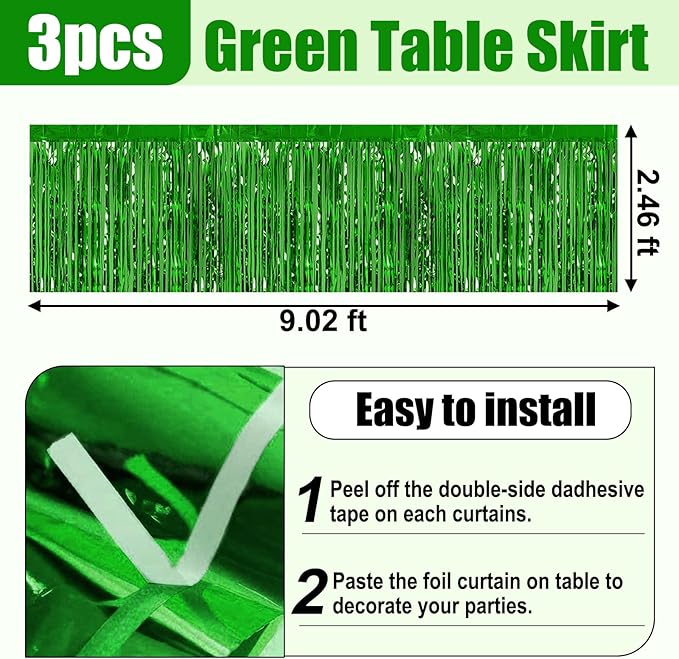 3 Pack 29x108 Inch Green Foil Fringe Table Skirts Metallic Banner - Image 2
