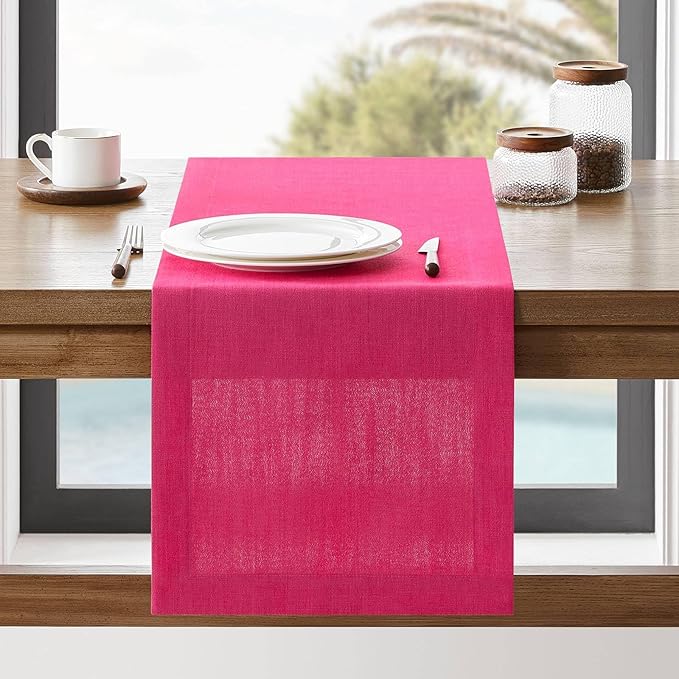 ZeeMart Linen Textured Border Table Runner, 14 x 108 Inch Hot Pink, Farmhouse by ZEEMARTONLINE