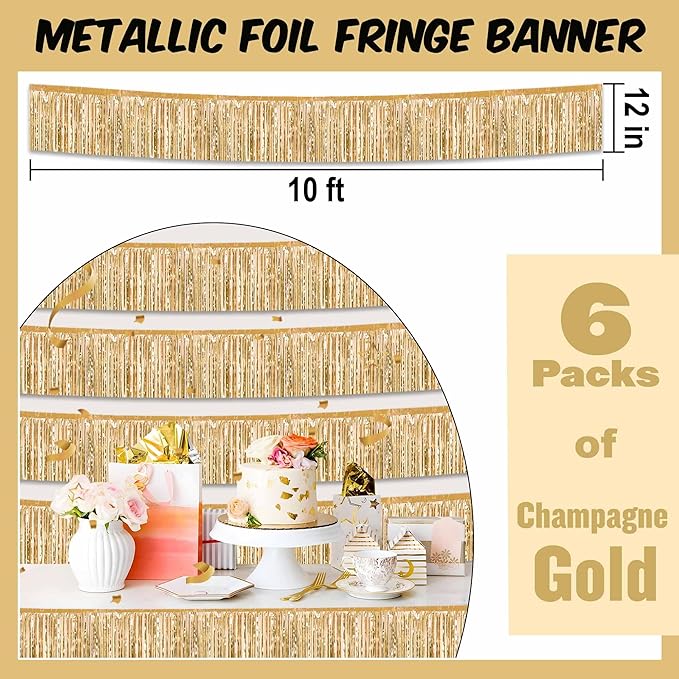 6 Pack 10 Ft Champagne Gold Foil Fringe Garland Metallic Streamers Tinsel - Image 2