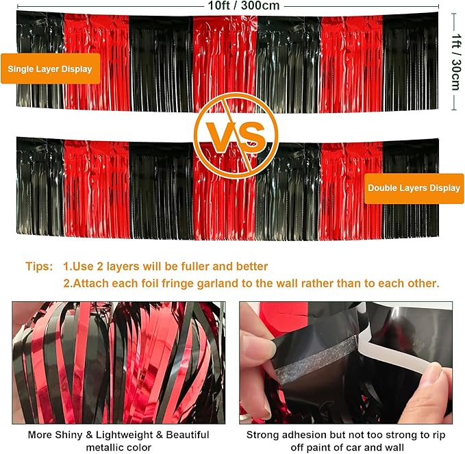 4 Pack 10 Feet Black Red Parade Floats Foil Fringe Garland Metallic Tinsel - Image 2