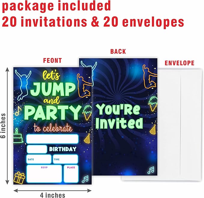 Glow Trampoline Birthday Invitations, Let's Jump & Party Birthday Invite - Image 2