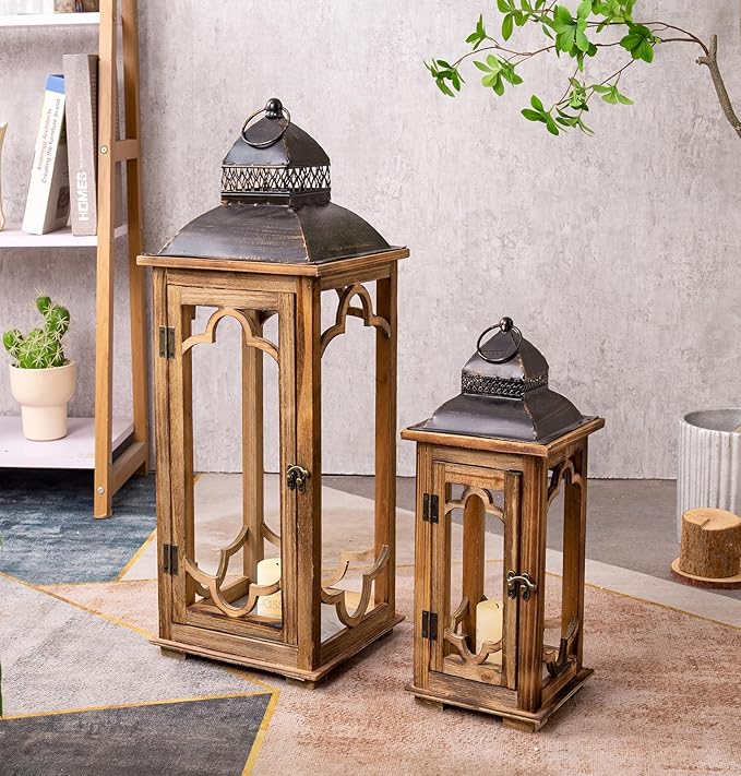 Large Farmhouse Decorative Wooden Lantern Set of 2, Rustic Brown Floor Lanterns by Venalys