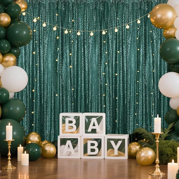 Dark Green Sequin Backdrop Curtain 4 Pieces 2FTx8FT Glitter Photography Backdrop - Image 2