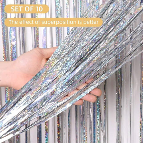 10 Pack Silver Backdrop Curtain 3.2ft x 8.2ft Metallic Tinsel Foil Fringe - Image 2