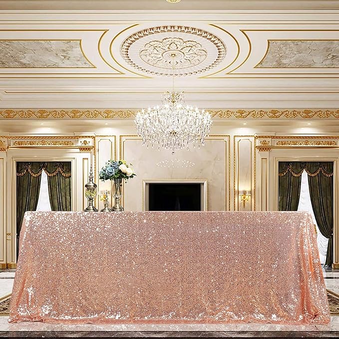 QueenDream Tablecloth 90x156 Rectangle Sequin Table Cloth Rose Gold Wedding by QueenDream