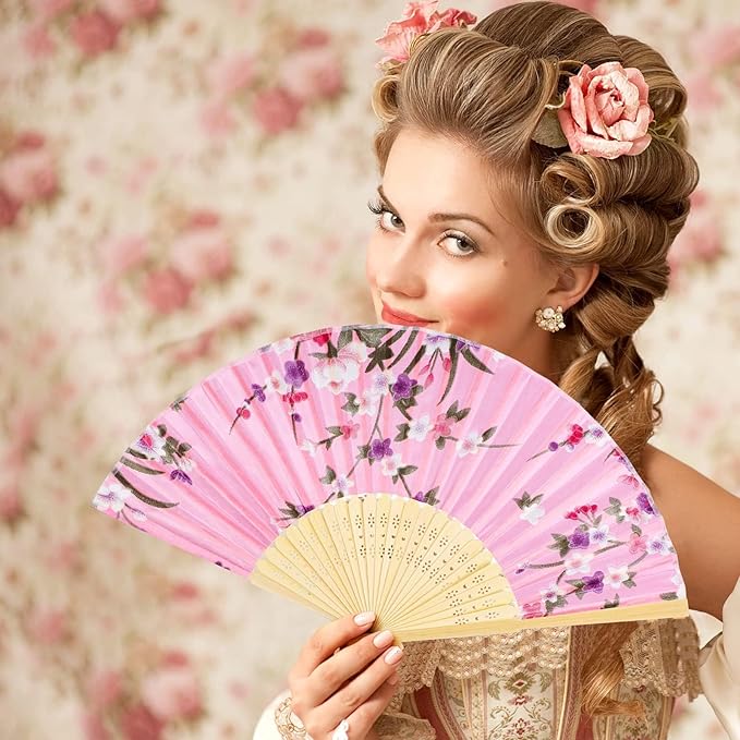 durony 12 Pieces Floral Folding Fans Silk Bamboo Handheld Fans Vintage Handheld - Image 5