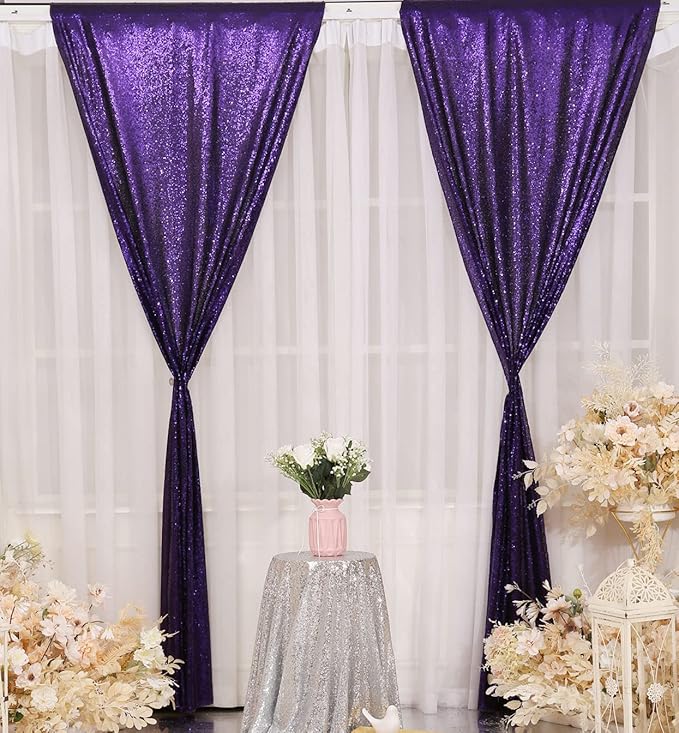 Purple Sequin Backdrop Curtains, 2 Panels Purple Sequin Backdrop, 2FTx8FT - Image 2