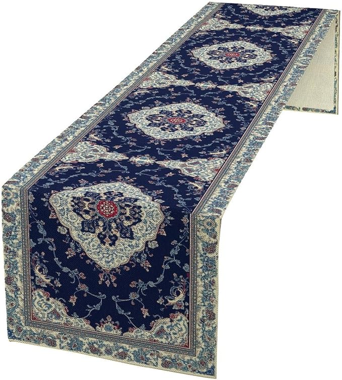 Elegant Palace Boho Blue Table Runner Vintage French Style Farmhouse Geometric by Unknown