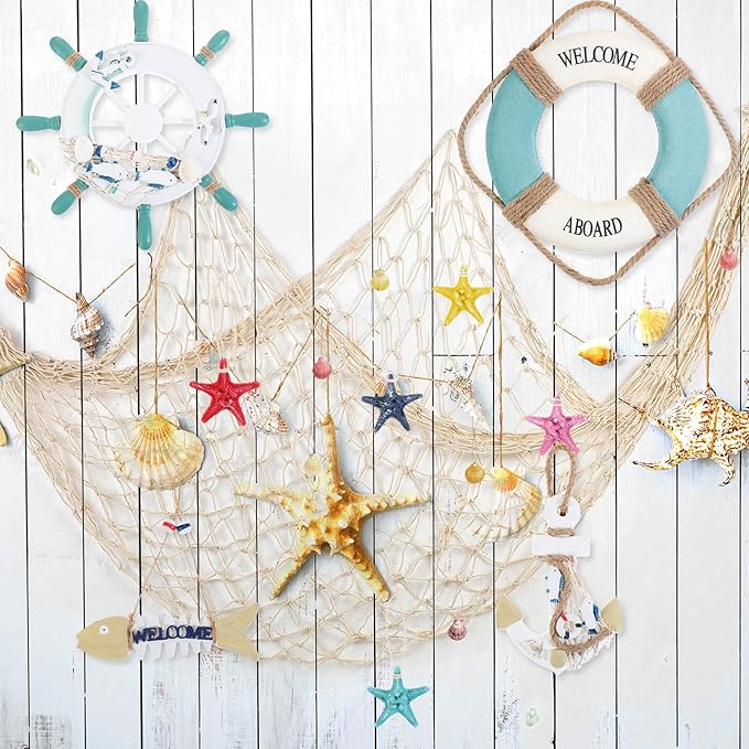 11 Pcs Wooden Nautical Wall Decor Fishing Net Decorations, Include Decorative - Image 4