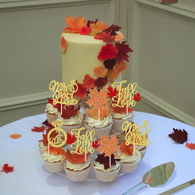 24 PCS Fall in Love Cupcake Toppers Glitter Maple Leaf Cupcake Picks Mr & Mrs - Image 6