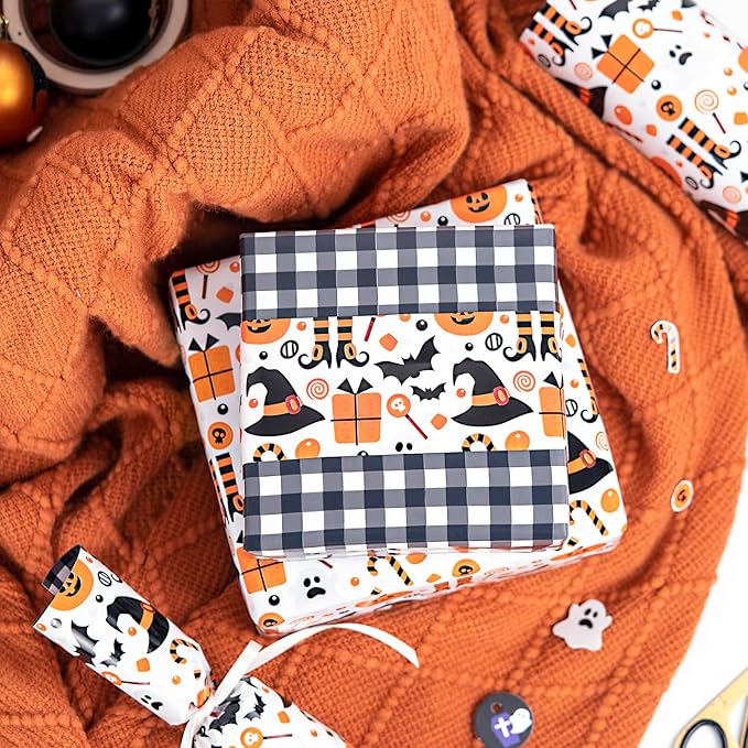 LeZakaa Halloween Wrapping Paper, Cute Pumpkin Witch Bat Candy Print, Buffalo - Image 2