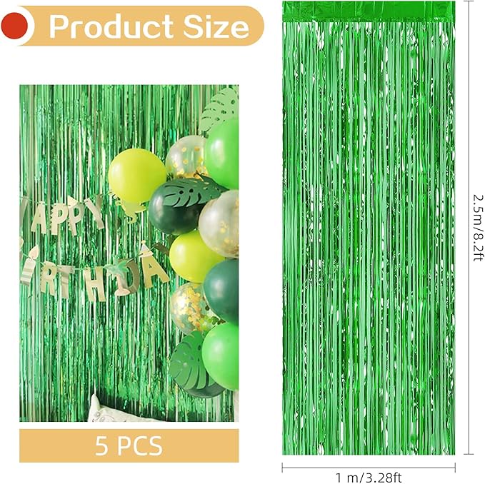 5 Pack Green Fringe Backdrop 3.2ft x 8.2ft Foil Curtain Tinsel Fringe Curtains - Image 3