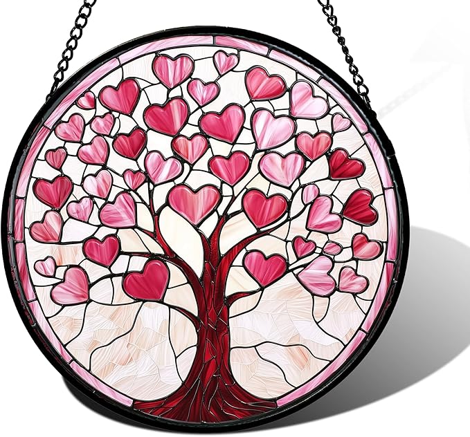 Stained Glass Window Hanging, Valentine's Day Gifts Pink Love Heart Tree by DASTOLL