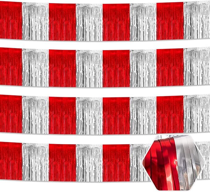 4 Pack 10 Feet Red Silver Foil Fringe Garland Metallic Tinsel Streamers Banner by Ferwzsr