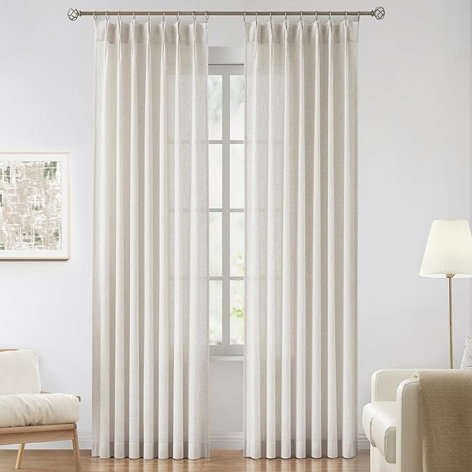 Vision Home Natural Pinch Pleated Semi Sheer Curtains Textured Linen Blended by VisionHome