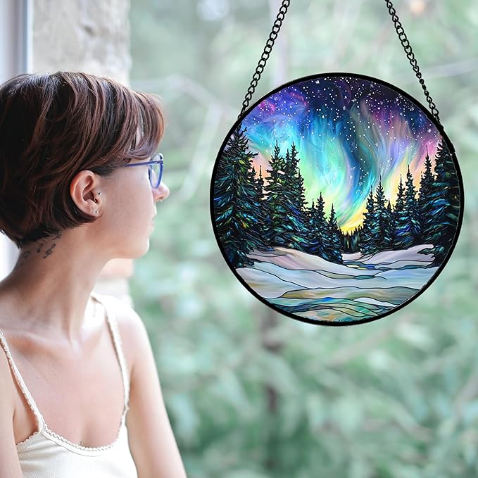 Stained Glass Window Hanging, Aurora Landscape Sun Catchers Glass Panel Green - Image 4