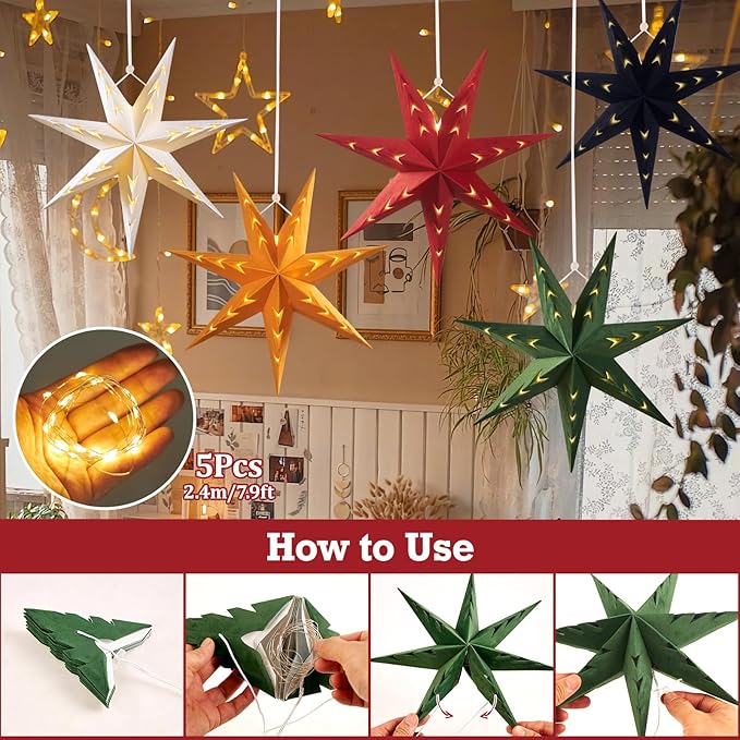 EASY JOY 5-Piece 7-Pointed Paper Star Decoration - Image 3
