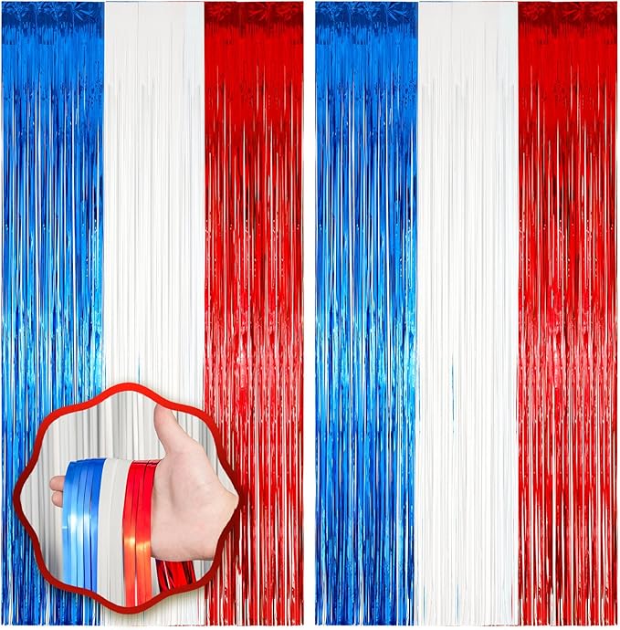 2 Pack Red White and Blue Foil Fringe Backdrop Curtains, Tinsel Streamers Party by Voircoloria