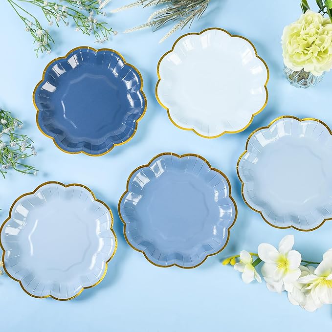 Dusty Blue Party Plates Gradient Blue Dessert Paper Plate 7inch Gold Foil - Image 3
