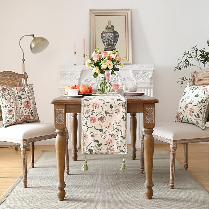ISAENNE Designer Chinoiserie Elegant Linen Floral Table Runner 102 Inches Long - Image 3