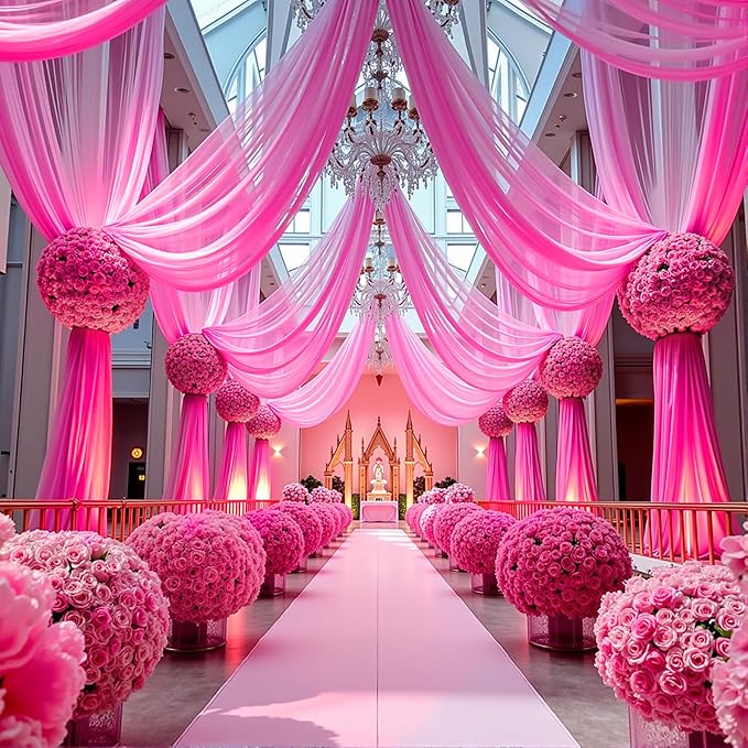 Wedding Arch Draping Fabric, 2 Panels 18FT Hot Pink Sheer Chiffon Curtain - Image 7