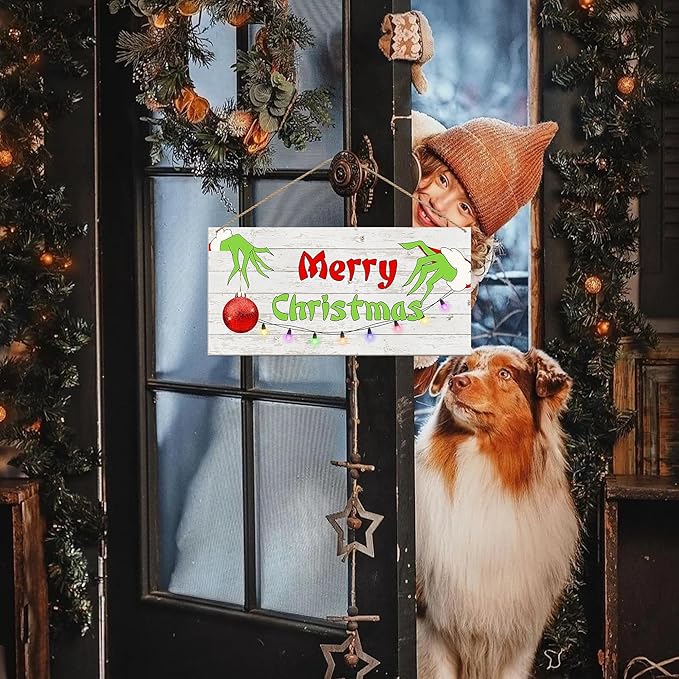Merry Christmas Hanging Door Sign, Crazy Funny Green Festive Wooden Wall - Image 7