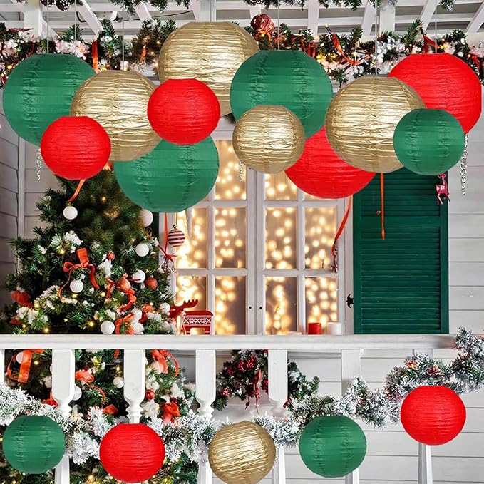Green Red Paper Lanterns Decorative 12pcs Christmas Hanging Decorations - Image 6