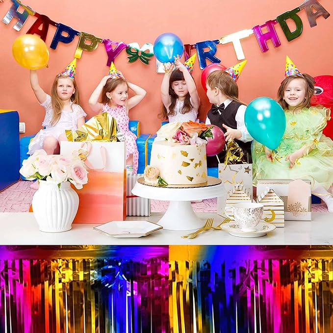 3 Pack 29 x108 Inch Rainbow Foil Fringe Table Skirts Metallic Banner - Image 5