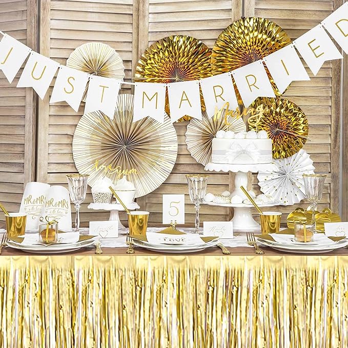 3 Pack 29 x108 Inch Light Gold Foil Fringe Table Skirts Metallic Banner - Image 5
