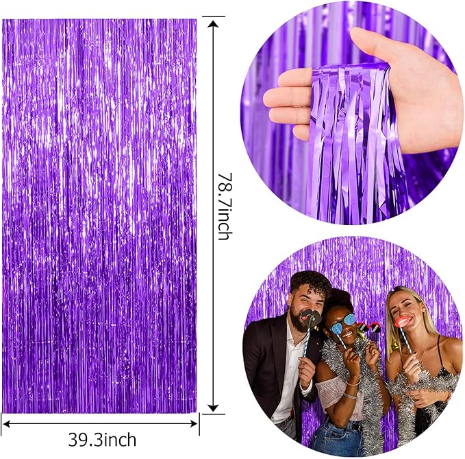 5 Pack Foil Curtain Backdrop Purple Metallic Tinsel Foil Fringe Curtains Photo - Image 7