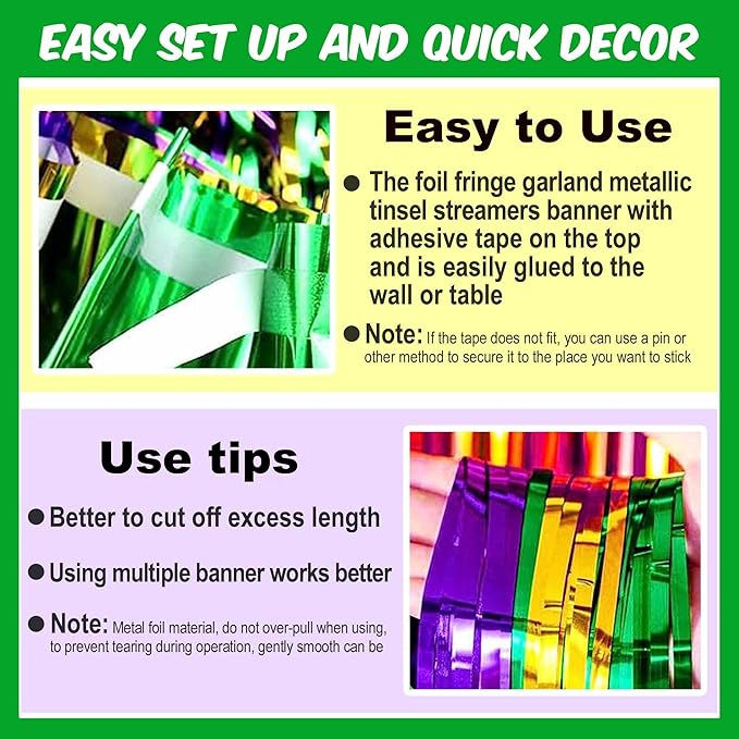 4 Pack 10 Ft Gold Green Purple Foil Fringe Garland Metallic Streamers Tinsel - Image 3