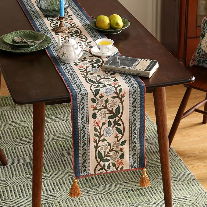 ISAENNE Designer Vintage Elegant Linen Extra Long Table Runner 118 Inches - Image 2