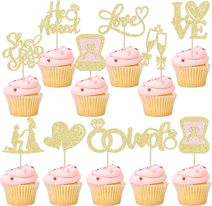 Ephlyn 30Pcs He Asked She Said Yes Cupcake Toppers Glitter Engagement Cupcake - Image 2