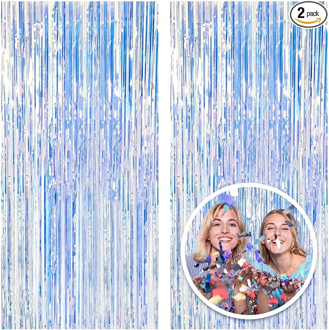 2 Pack Foil Curtain Backdrop Iridescent Metallic Tinsel Foil Fringe Curtains by KEJ