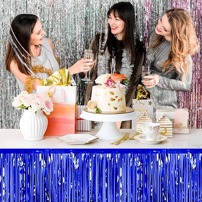 3 Pack 29 x108 Inch Blue Foil Fringe Table Skirts Metallic Banner - Image 5