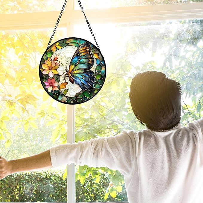 Stained Glass Window Hanging, Butterfly Flower Sun Catchers Diamond Glass Panel - Image 3