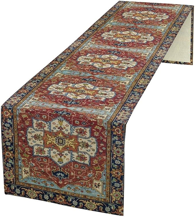 Vintage Boho Floral Table Runner, Rustic Country Farmhouse Red Blue Gold Retro by Unknown