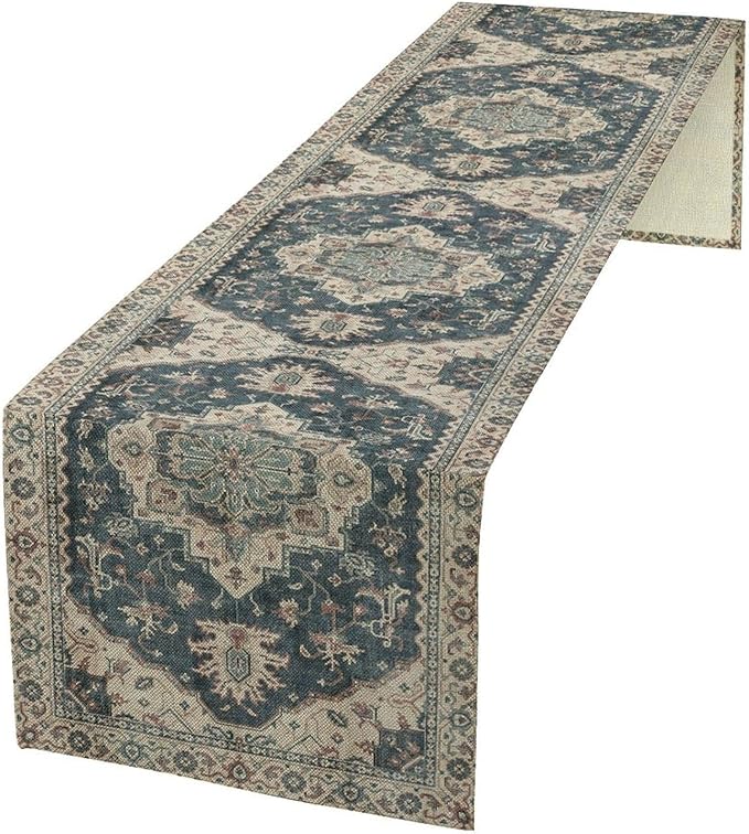 Boho Bohemia Style Table Runner, Vintage Blue Retro Flower Rustic Country Style by Unknown