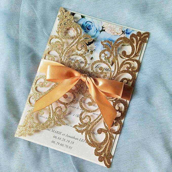 25PCS Gold Glitter Laser Cut Wedding Invitations Cards - Image 6