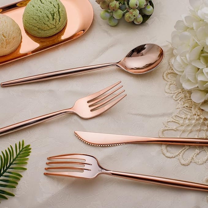 SUT 150Pcs Rose Gold Plastic Silverware, Disposable Cutlery Set, Heavy Duty - Image 6