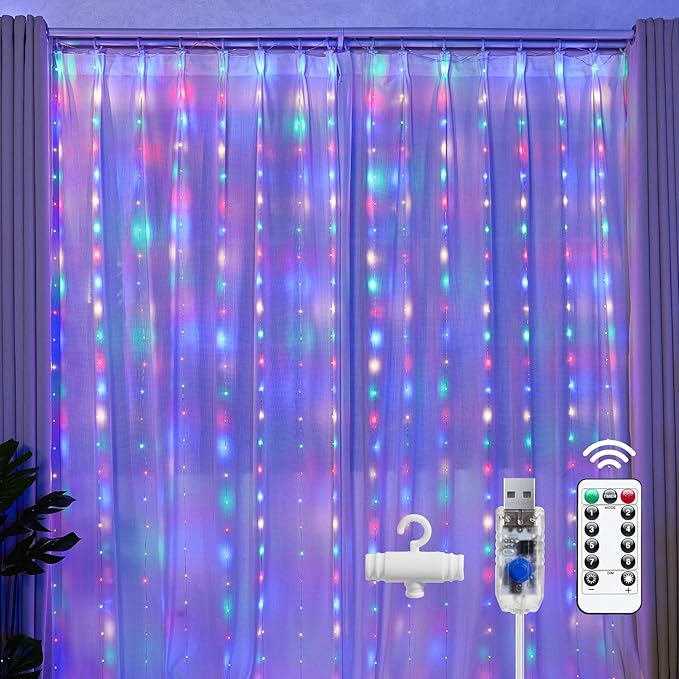Brightown 300 LED Fairy Curtain Lights, 9.8ft x 9.8ft Multicolor Curtain String by Brightown