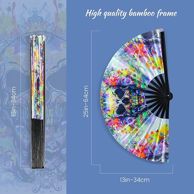 SYNTECSO Folding Hand Fan for Rave, UV Glow Fan, Large Bamboo Fan for Drag Queen - Image 2