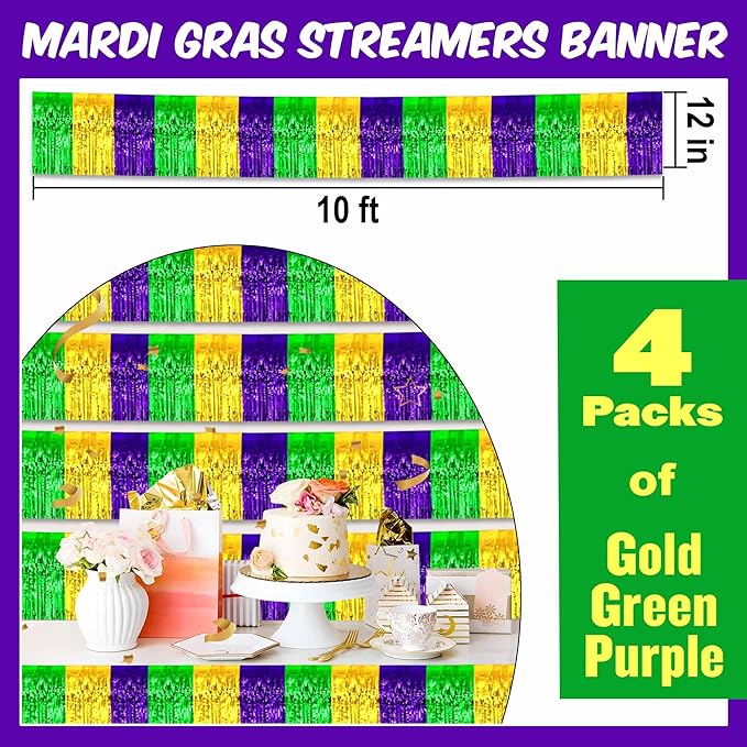 4 Pack 10 Ft Gold Green Purple Foil Fringe Garland Metallic Streamers Tinsel - Image 2