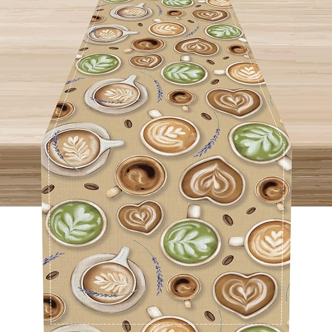 Coffee Theme Table Runner, Farmhouse Retro Brown Coffee Cup Tea Party Rustic by Unknown