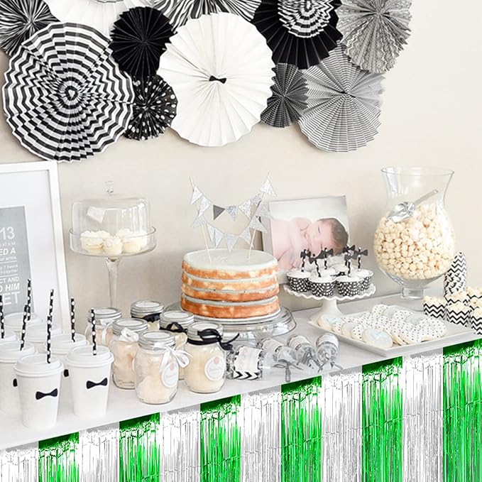 6 Pack 29x108 Inch Silver Green Metallic Foil Fringe Tinsel Table Skirts - Image 6