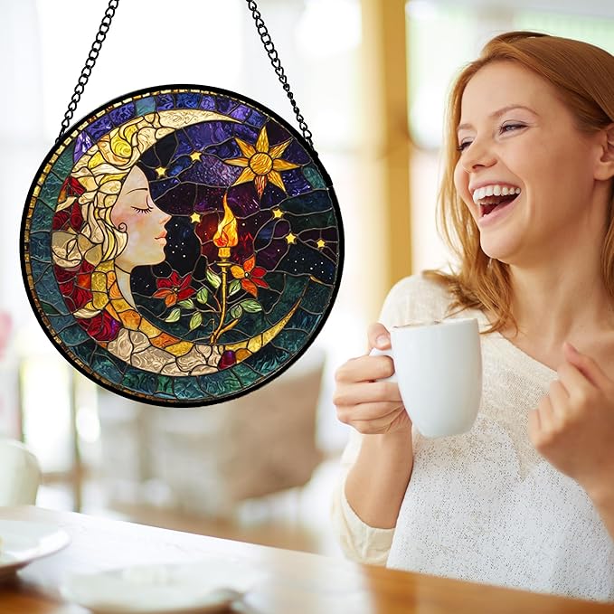 Stained Glass Window Hanging, Moon Goddess Torch Suncatcher Diamond Glass Panel - Image 4